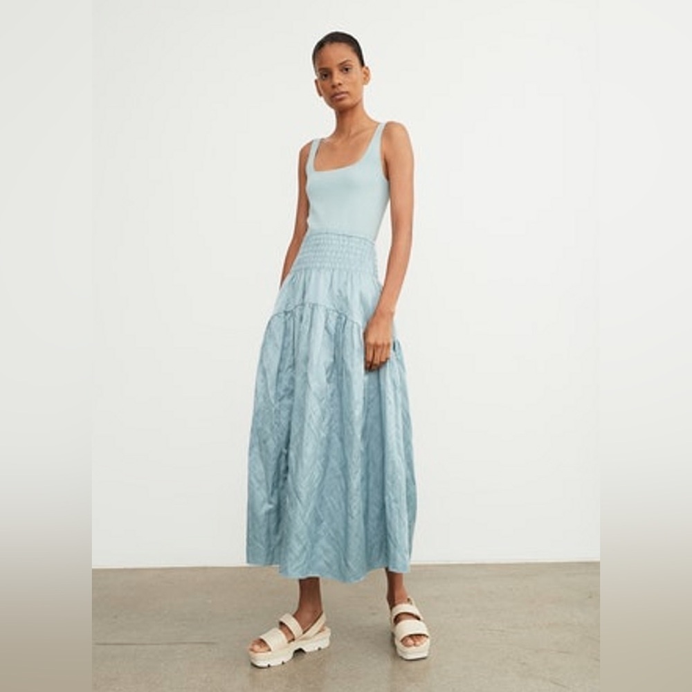 Vince Metallic Blue Smocked Tiered Skirt in blue size M